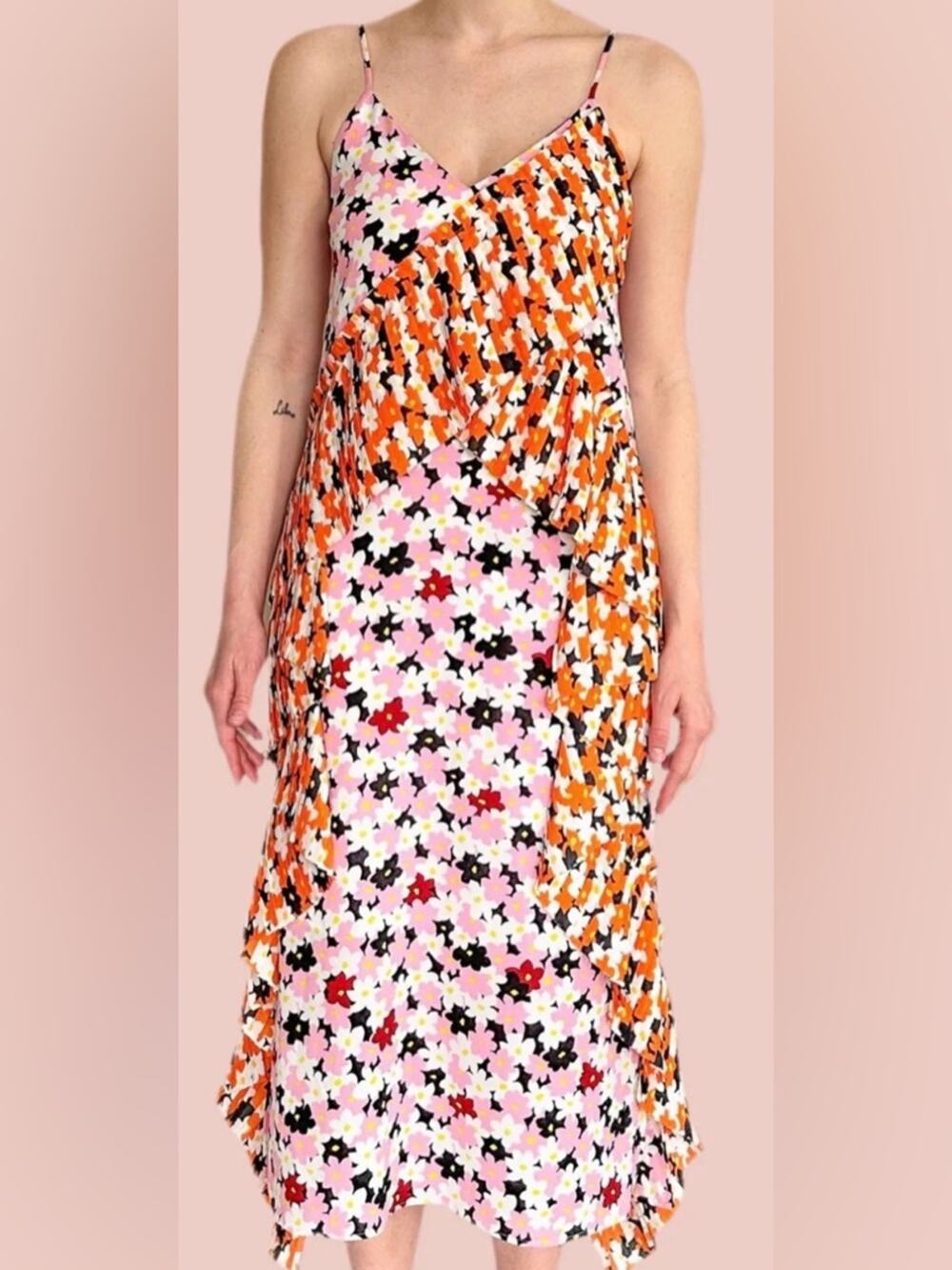 Kenzo floral print ruffled slip midi dress tie shoulder straps. Size 40